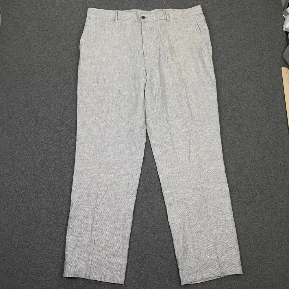 Tasso Elba Linen Dress Pants Mens 38x32 Chambray Stripe Blue White Event Casual